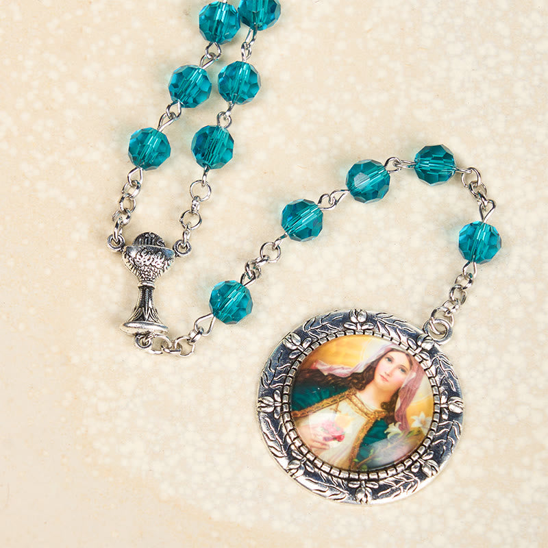 Christiandiscipleshop Sacred Heart of Jesus & Immaculate Heart of Mary of 8 mm Polyhedron Blue Glass Alloy Chain Rosary