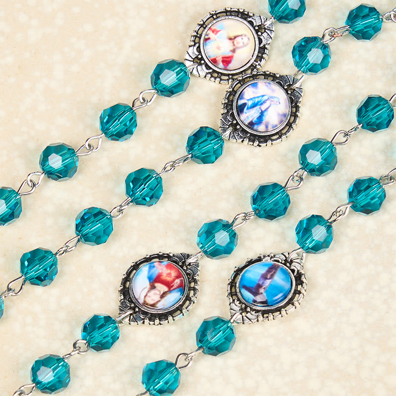 Christiandiscipleshop Sacred Heart of Jesus & Immaculate Heart of Mary of 8 mm Polyhedron Blue Glass Alloy Chain Rosary