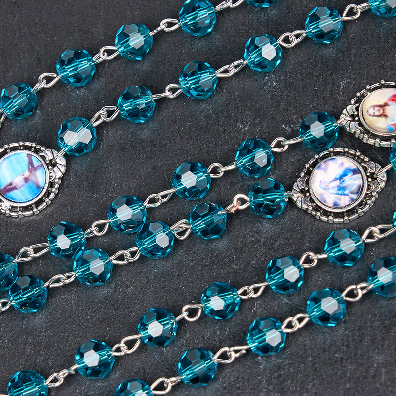 Christiandiscipleshop Sacred Heart of Jesus & Immaculate Heart of Mary of 8 mm Polyhedron Blue Glass Alloy Chain Rosary