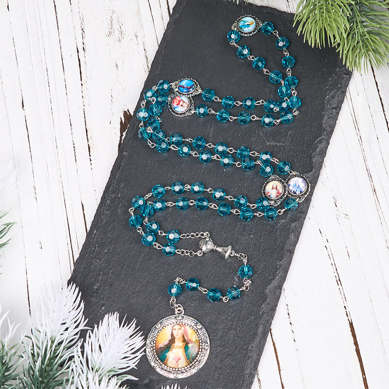 Christiandiscipleshop Sacred Heart of Jesus & Immaculate Heart of Mary of 8 mm Polyhedron Blue Glass Alloy Chain Rosary
