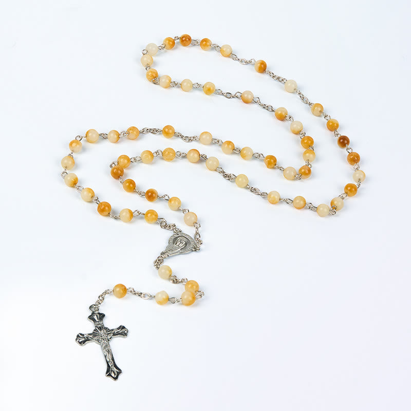 christiandiscipleshop Virgin Mary & Crucifix of 8 mm Round Yellow Agate Alloy Chain Rosary