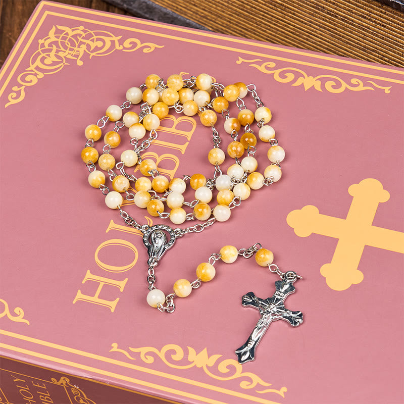 christiandiscipleshop Virgin Mary & Crucifix of 8 mm Round Yellow Agate Alloy Chain Rosary