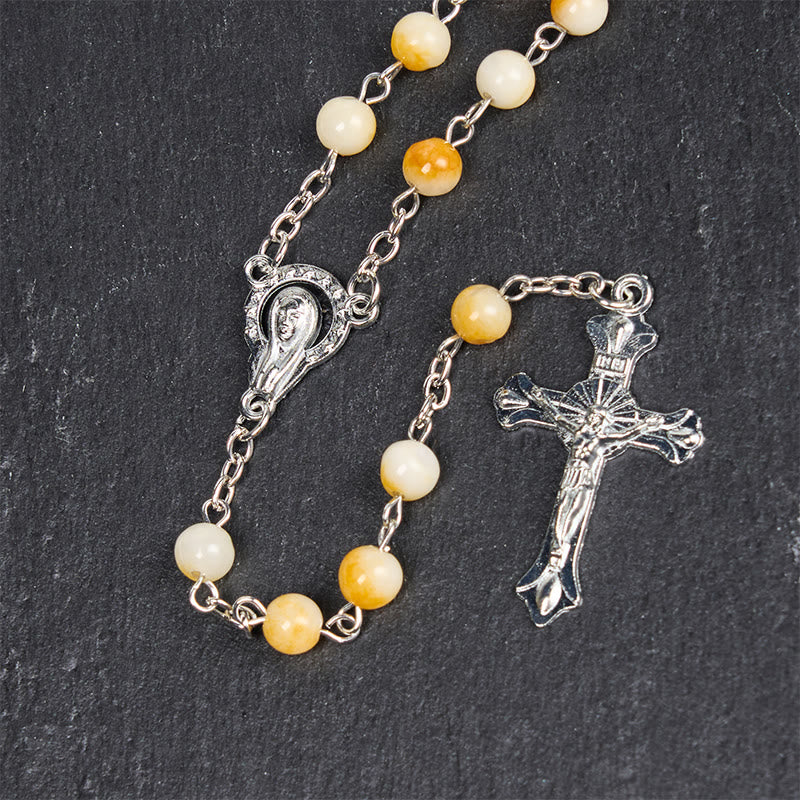 christiandiscipleshop Virgin Mary & Crucifix of 8 mm Round Yellow Agate Alloy Chain Rosary