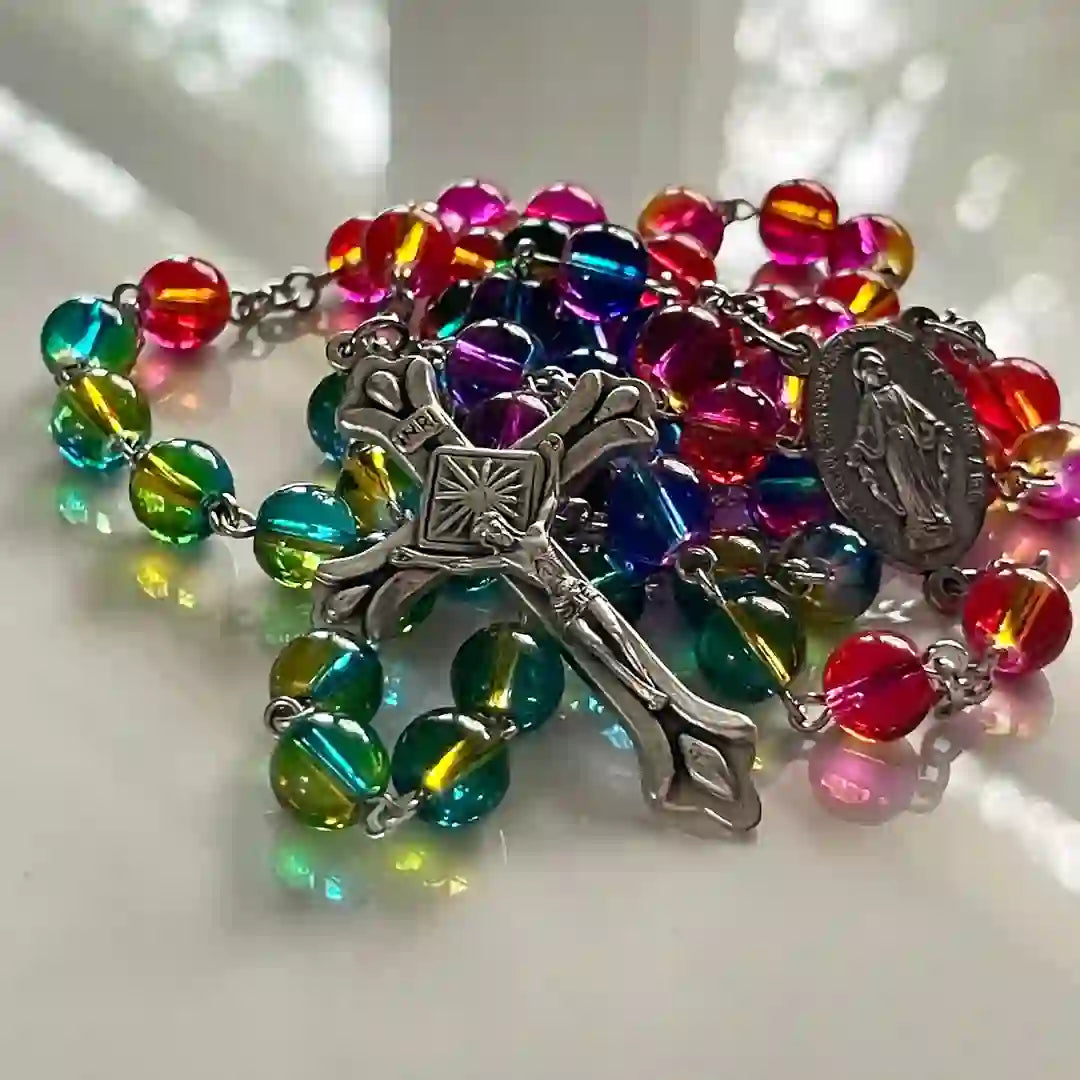 FREE Today: Our Lady of Guadalupe & Crucifix of 6 mm Round Multicolor Glass Chain Rosary