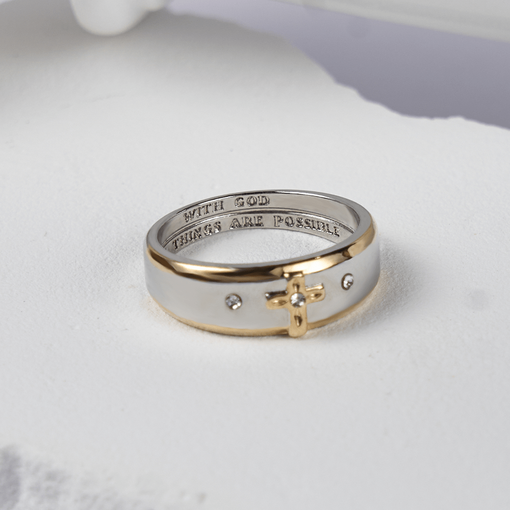 Christiandiscipleshop Modern Style Two-tone Gold Cross Alloy Ring(Made in Holy Land)