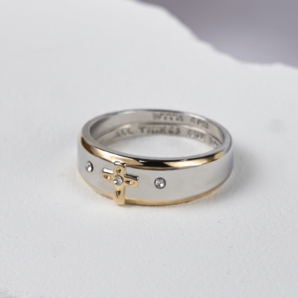 Christiandiscipleshop Modern Style Two-tone Gold Cross Alloy Ring(Made in Holy Land)