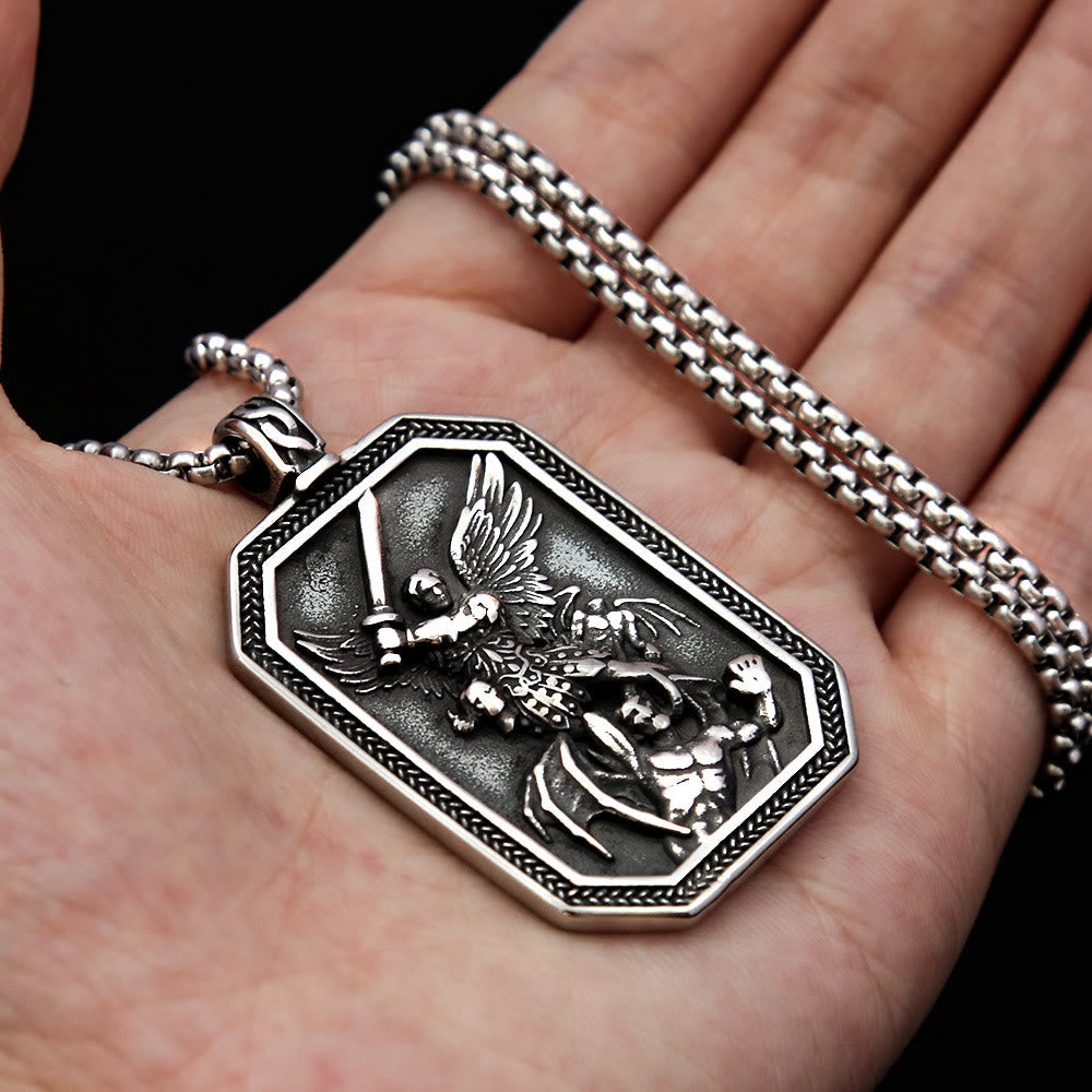 Christiandiscipleshop Retro Style Archangel St. Micheal Protect Us Crafted Stainless Steel Pendant Necklace