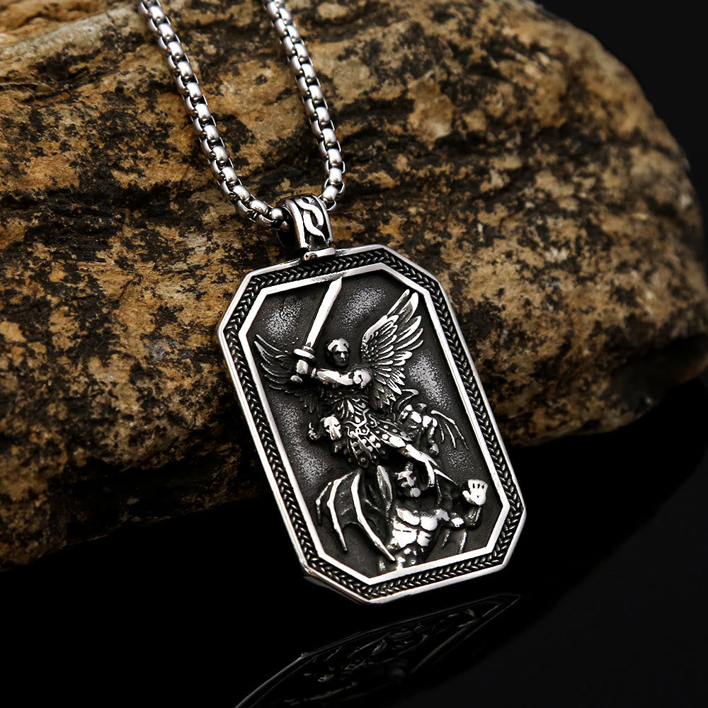 Christiandiscipleshop Retro Style Archangel St. Micheal Protect Us Crafted Stainless Steel Pendant Necklace
