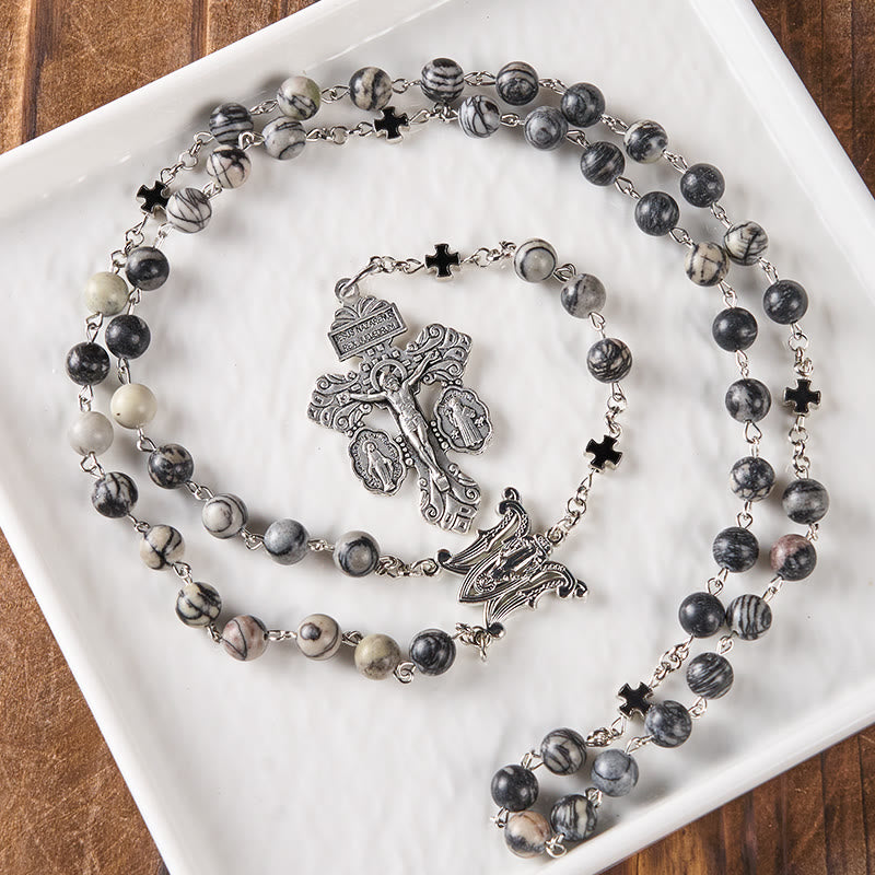 christiandiscipleshop Miraculous Medal & Crucifix Of 8 Mm Round Camouflage Gray Natural Stone Alloy Chain Rosary