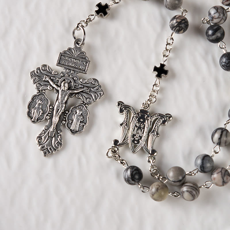 christiandiscipleshop Miraculous Medal & Crucifix Of 8 Mm Round Camouflage Gray Natural Stone Alloy Chain Rosary