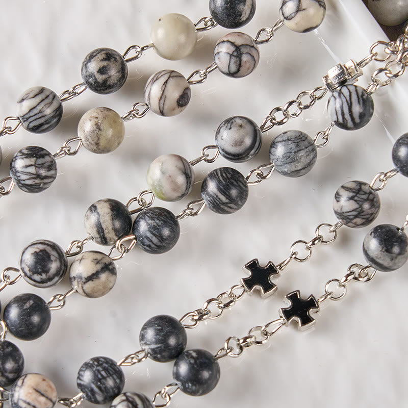 christiandiscipleshop Miraculous Medal & Crucifix Of 8 Mm Round Camouflage Gray Natural Stone Alloy Chain Rosary