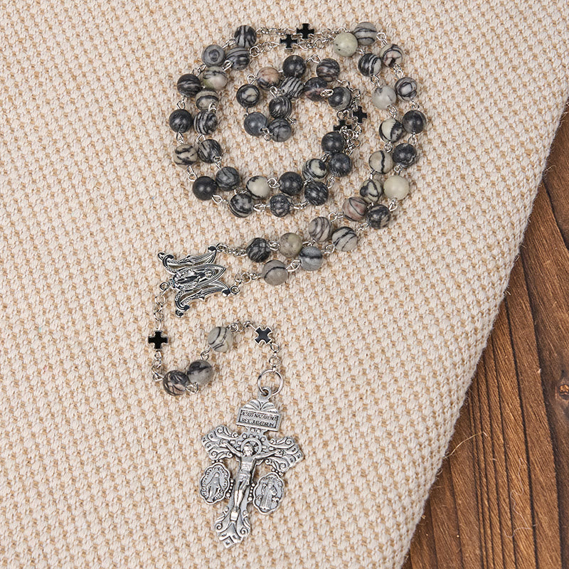 christiandiscipleshop Miraculous Medal & Crucifix Of 8 Mm Round Camouflage Gray Natural Stone Alloy Chain Rosary