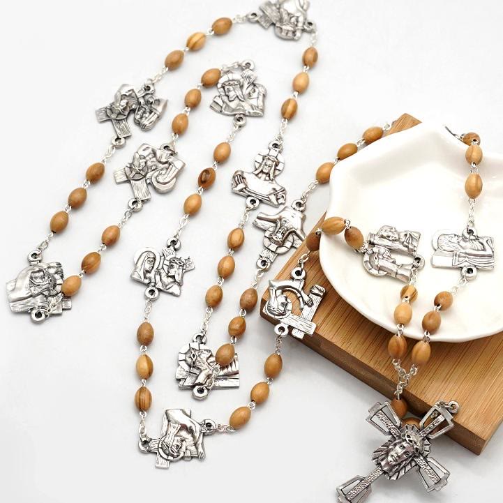 christiandiscipleshop Via Crucis 14 Stations of the Cross Oval Mother of Pearl/Olive Wood Alloy Chain Rosary