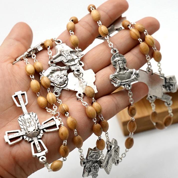 christiandiscipleshop Via Crucis 14 Stations of the Cross Oval Mother of Pearl/Olive Wood Alloy Chain Rosary