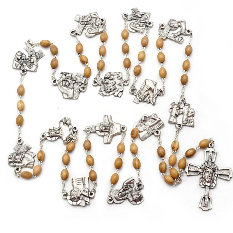 christiandiscipleshop Via Crucis 14 Stations of the Cross Oval Mother of Pearl/Olive Wood Alloy Chain Rosary