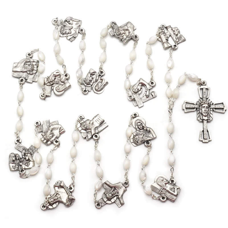 christiandiscipleshop Via Crucis 14 Stations of the Cross Oval Mother of Pearl/Olive Wood Alloy Chain Rosary