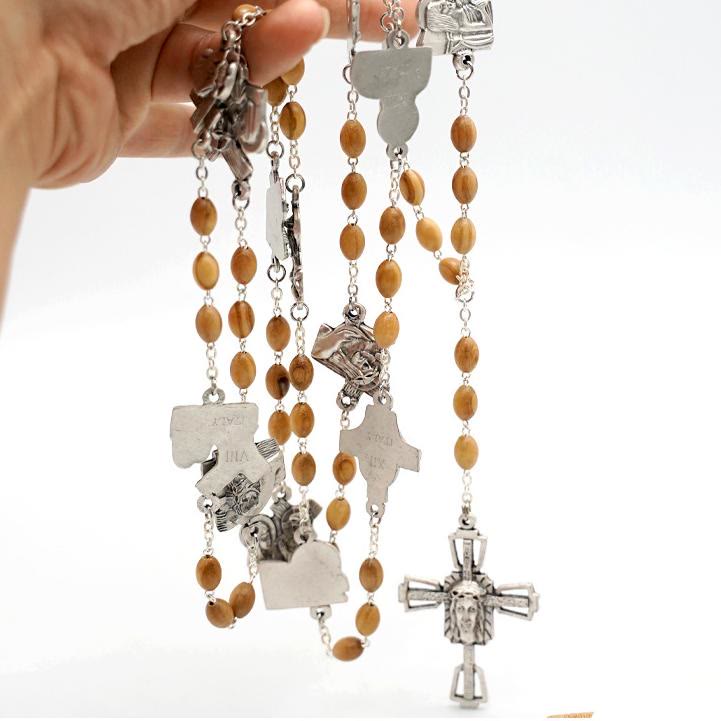 christiandiscipleshop Via Crucis 14 Stations of the Cross Oval Mother of Pearl/Olive Wood Alloy Chain Rosary