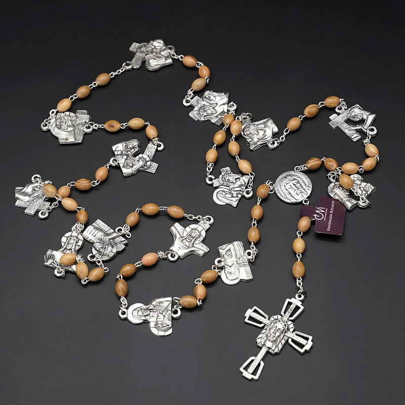 christiandiscipleshop Via Crucis 14 Stations of the Cross Oval Mother of Pearl/Olive Wood Alloy Chain Rosary