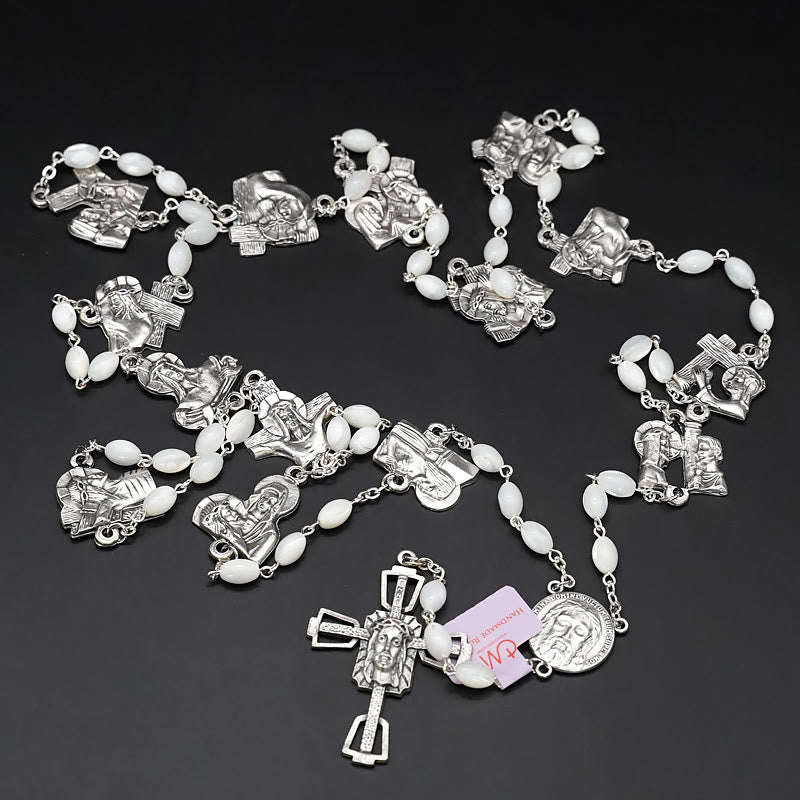 christiandiscipleshop Via Crucis 14 Stations of the Cross Oval Mother of Pearl/Olive Wood Alloy Chain Rosary