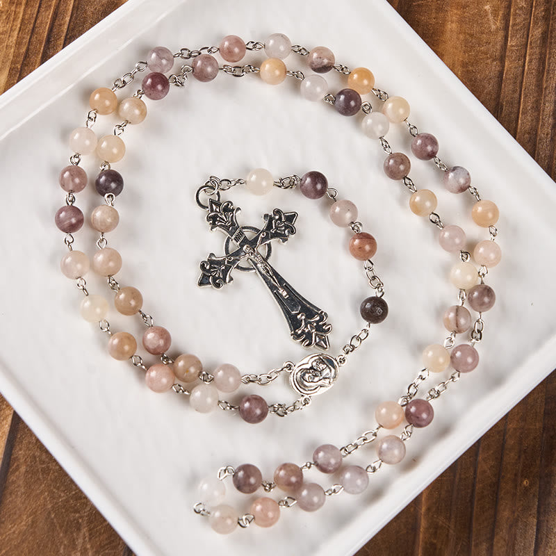 christiandiscipleshop Madonna and Child & Crucifix of 8mm Round Multicolor Agate Alloy Chain Rosary