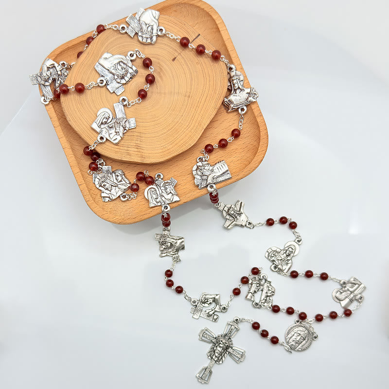 christiandiscipleshop Via Crucis the Stations of the Cross Round Red/Black Agate Alloy Chain Rosary