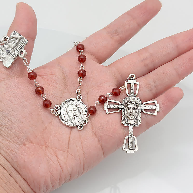 christiandiscipleshop Via Crucis the Stations of the Cross Round Red/Black Agate Alloy Chain Rosary