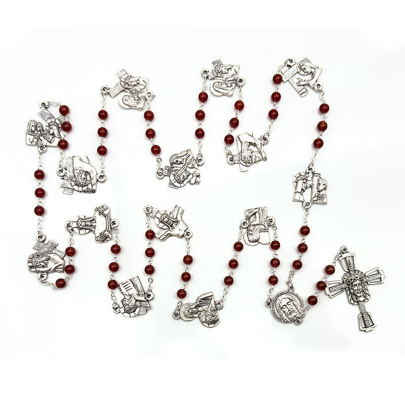 christiandiscipleshop Via Crucis the Stations of the Cross Round Red/Black Agate Alloy Chain Rosary