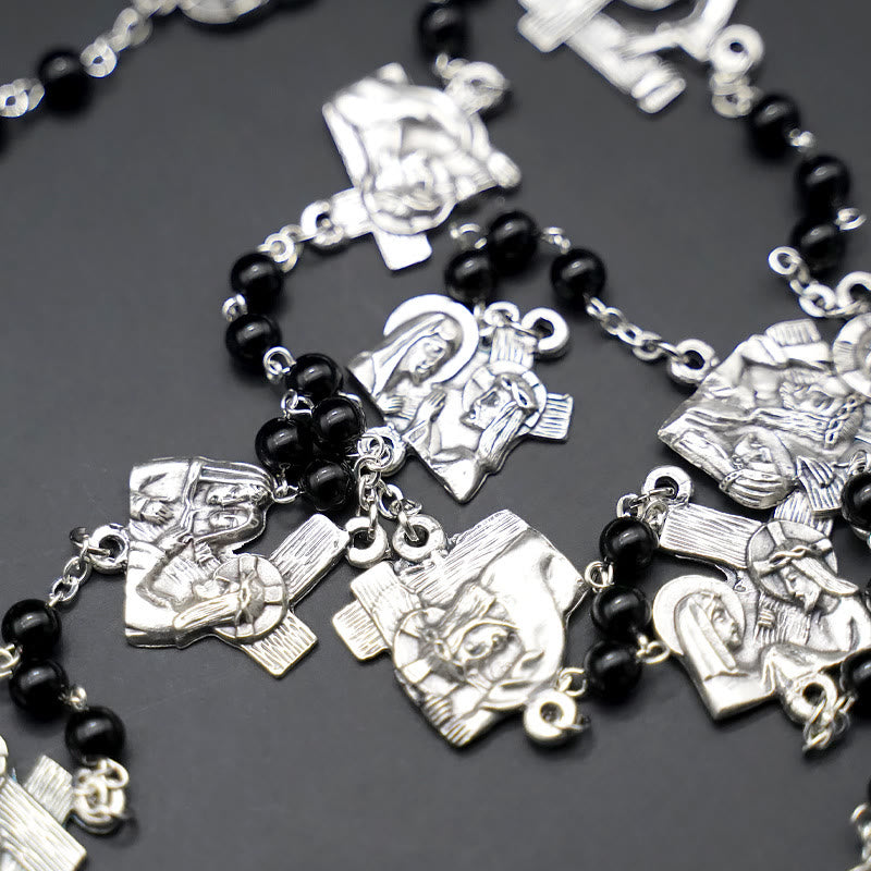 christiandiscipleshop Via Crucis the Stations of the Cross Round Red/Black Agate Alloy Chain Rosary