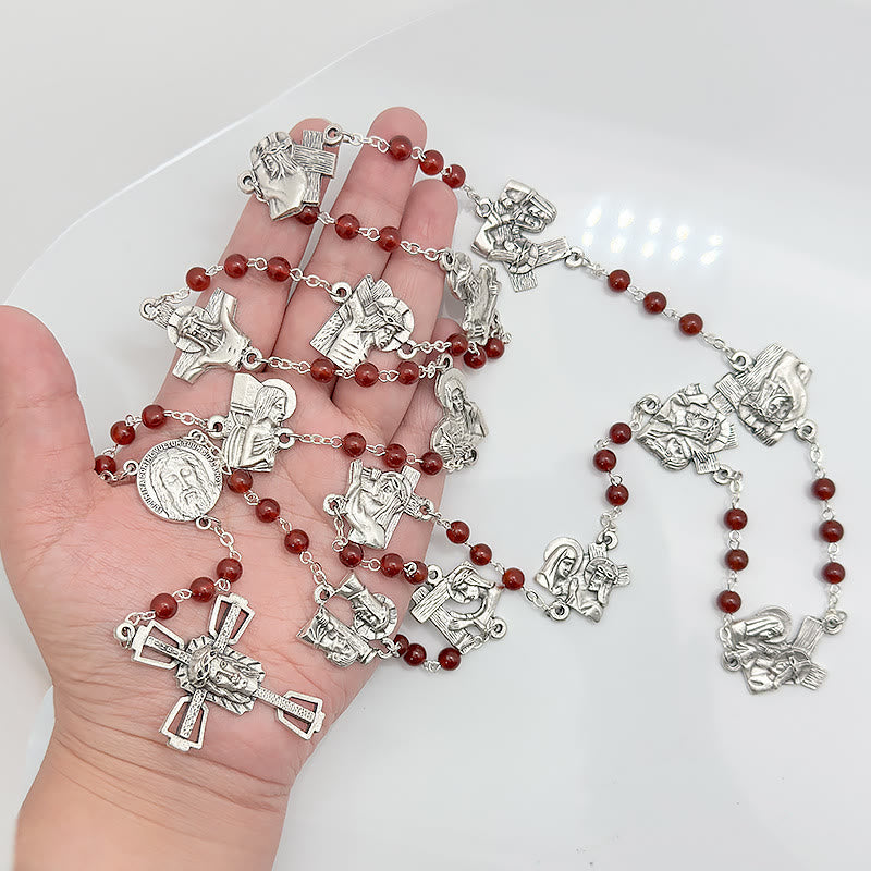 christiandiscipleshop Via Crucis the Stations of the Cross Round Red/Black Agate Alloy Chain Rosary