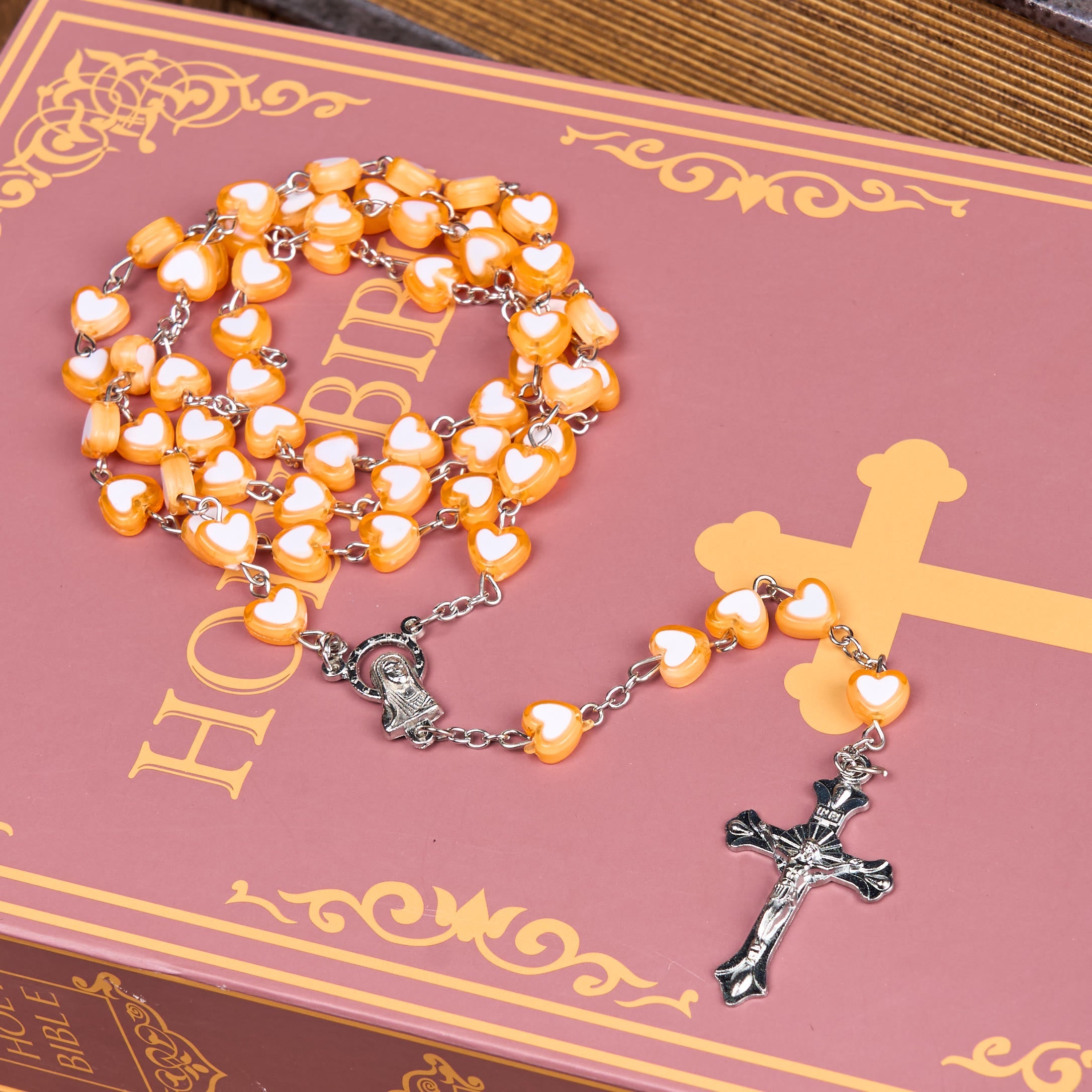 christiandiscipleshop Virgin Mary & Crucifix of 6 mm Heart Multicolor Acrylic Alloy Chain Rosary(4 color)
