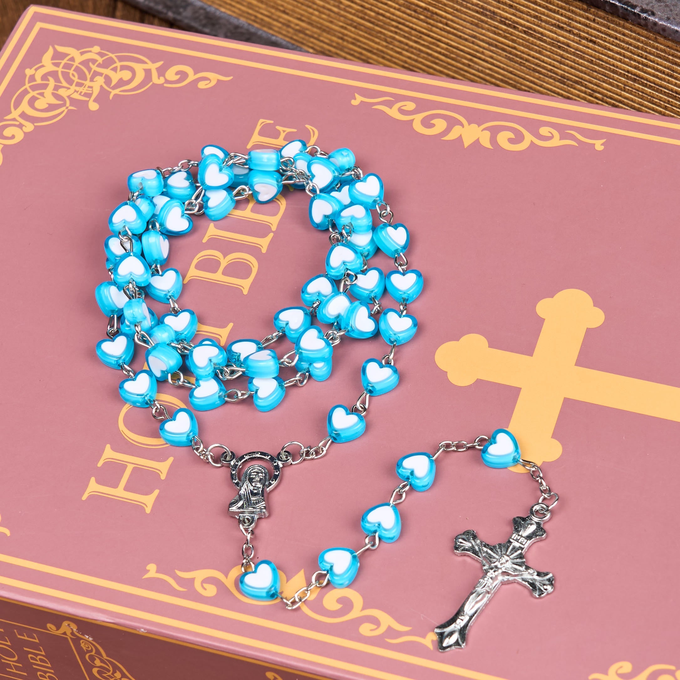 christiandiscipleshop Virgin Mary & Crucifix of 6 mm Heart Multicolor Acrylic Alloy Chain Rosary(4 color)