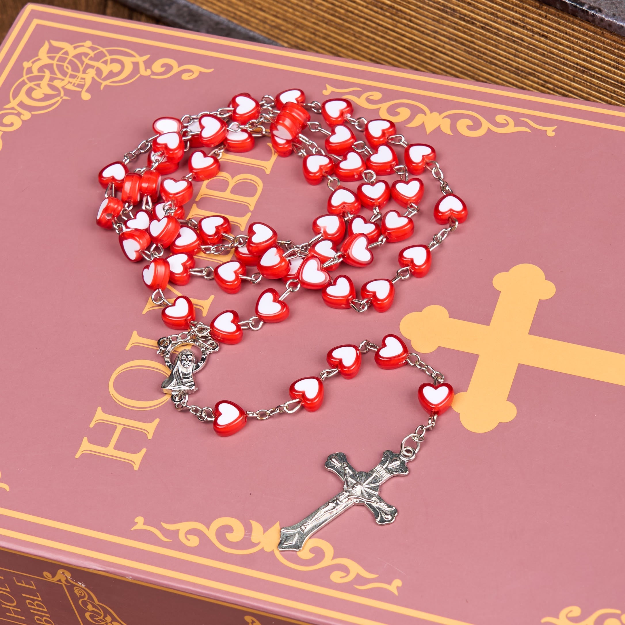 christiandiscipleshop Virgin Mary & Crucifix of 6 mm Heart Multicolor Acrylic Alloy Chain Rosary(4 color)
