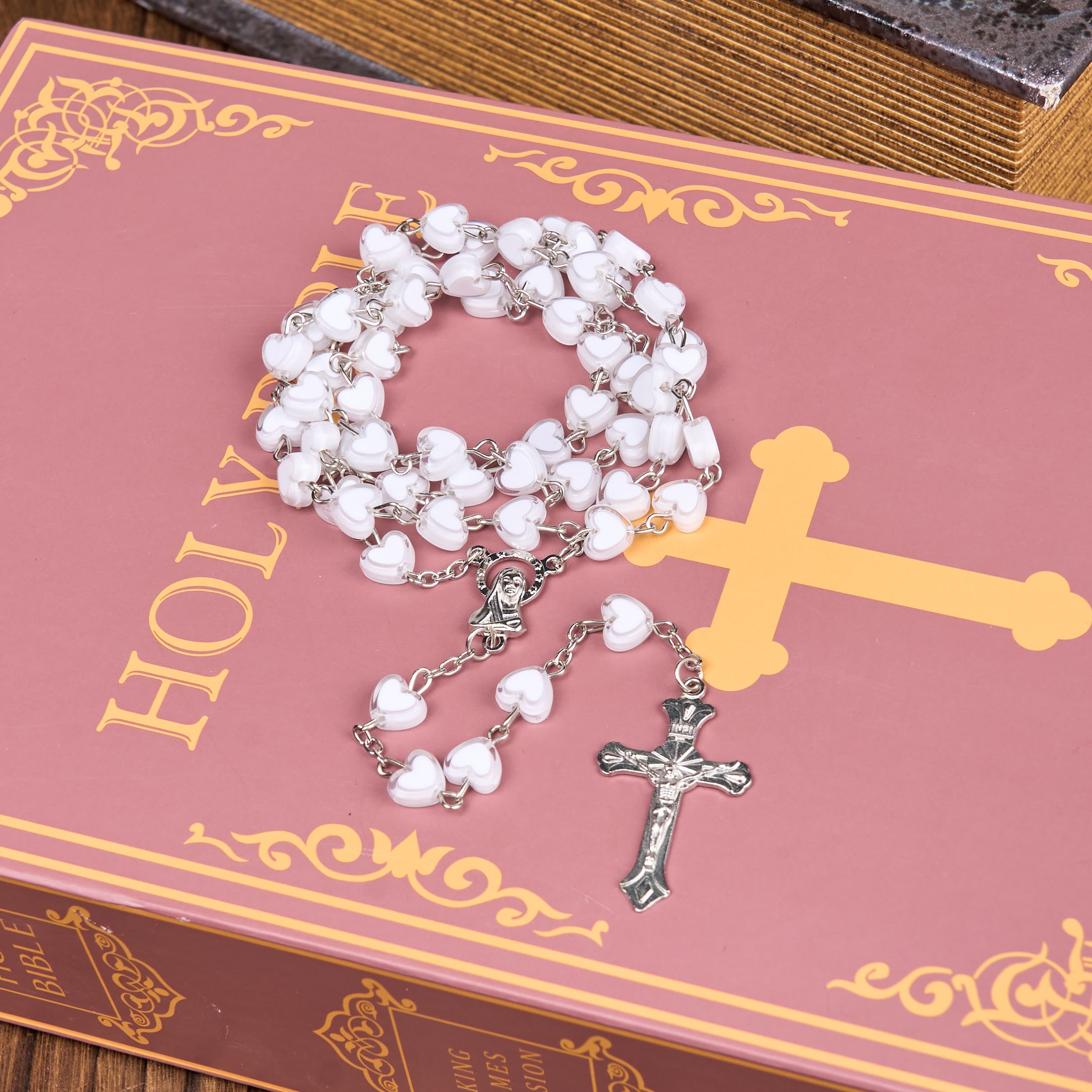 christiandiscipleshop Virgin Mary & Crucifix of 6 mm Heart Multicolor Acrylic Alloy Chain Rosary(4 color)