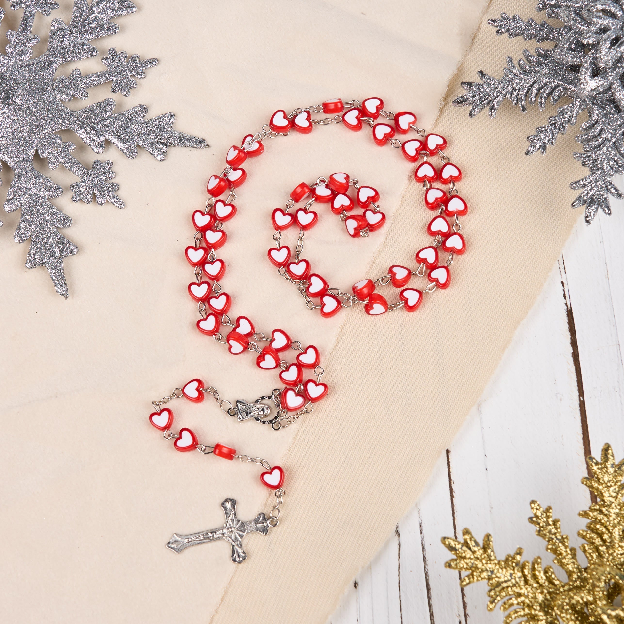 christiandiscipleshop Virgin Mary & Crucifix of 6 mm Heart Multicolor Acrylic Alloy Chain Rosary(4 color)