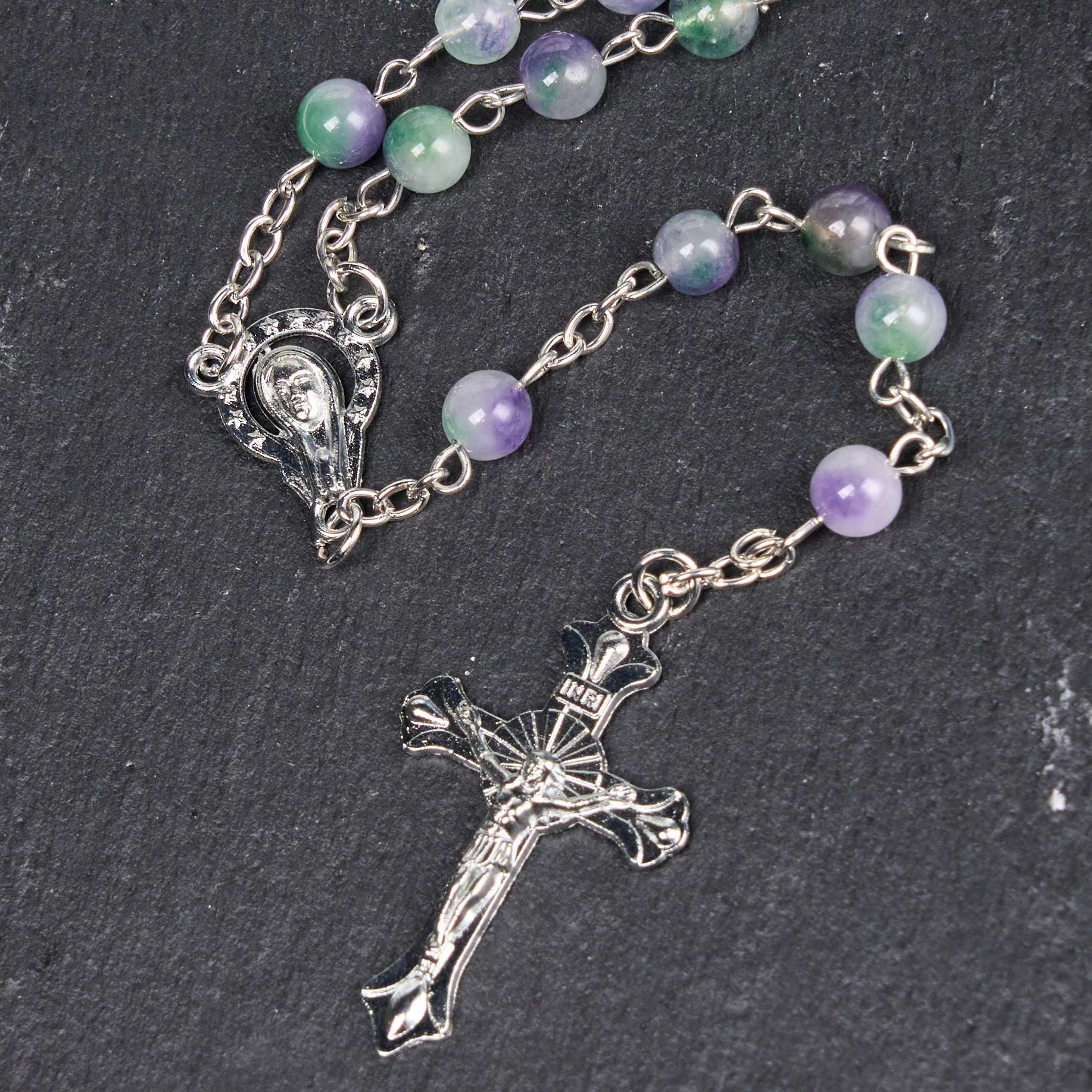 christiandiscipleshop Virgin Mary & Crucifix of 6 mm Round Purple Green Agate Alloy Chain Rosary