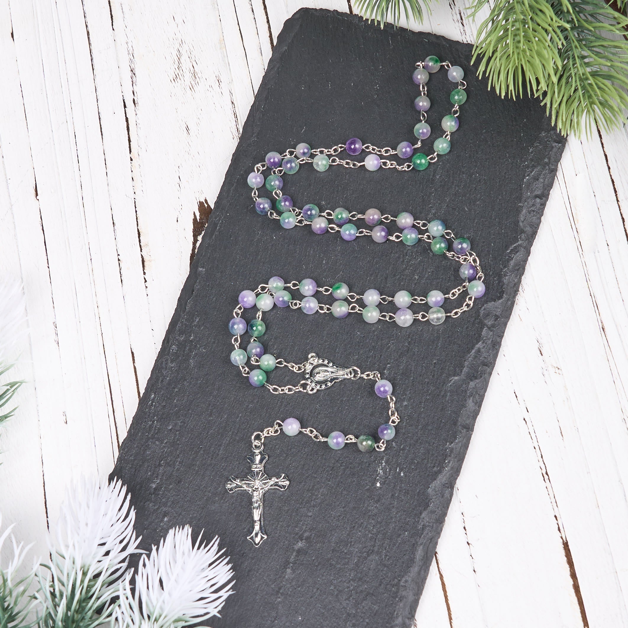 christiandiscipleshop Virgin Mary & Crucifix of 6 mm Round Purple Green Agate Alloy Chain Rosary