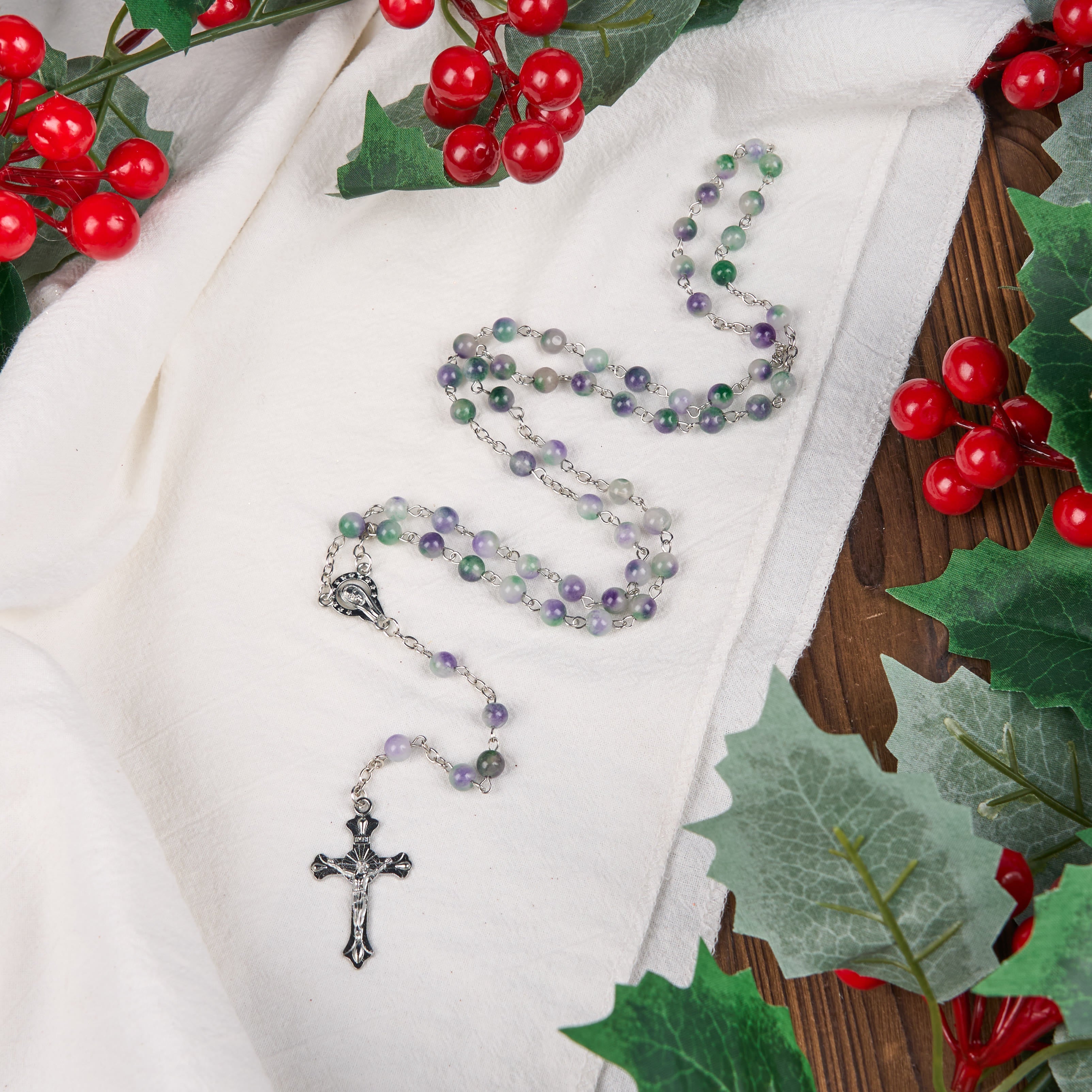 christiandiscipleshop Virgin Mary & Crucifix of 6 mm Round Purple Green Agate Alloy Chain Rosary