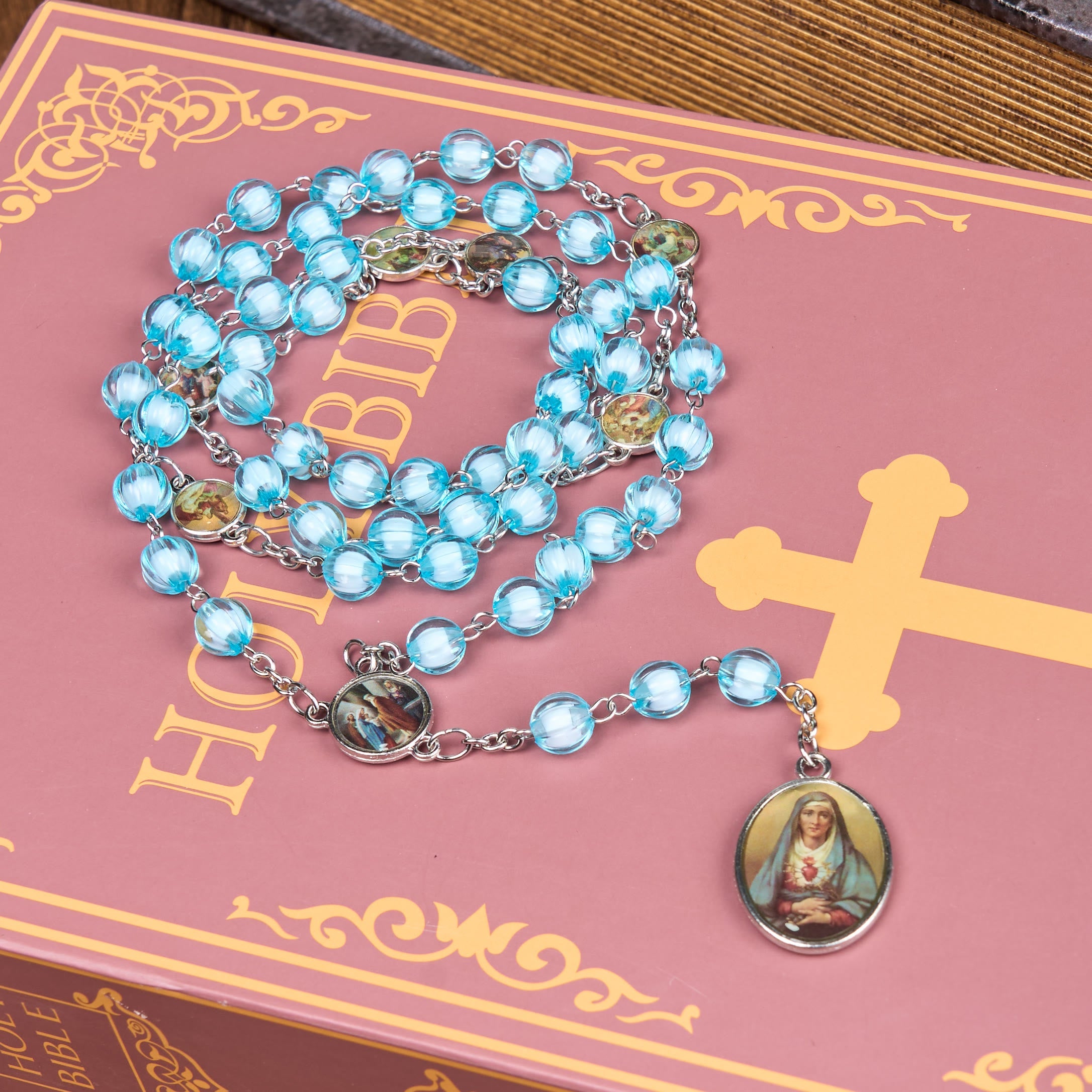 Christiandiscipleshop Seven Sorrow of 8 mm Round Blue Acrylic Alloy Chain Rosary
