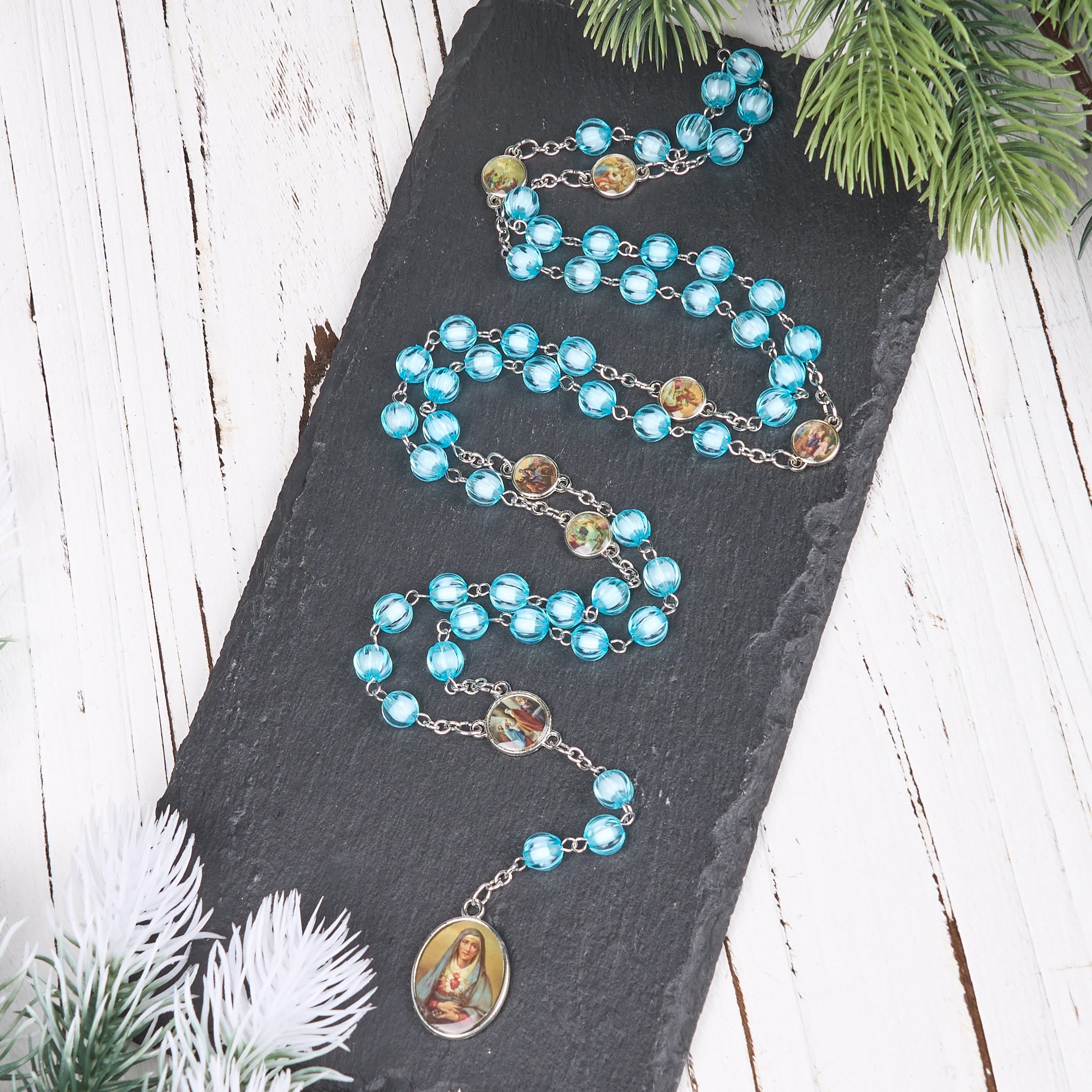 Christiandiscipleshop Seven Sorrow of 8 mm Round Blue Acrylic Alloy Chain Rosary