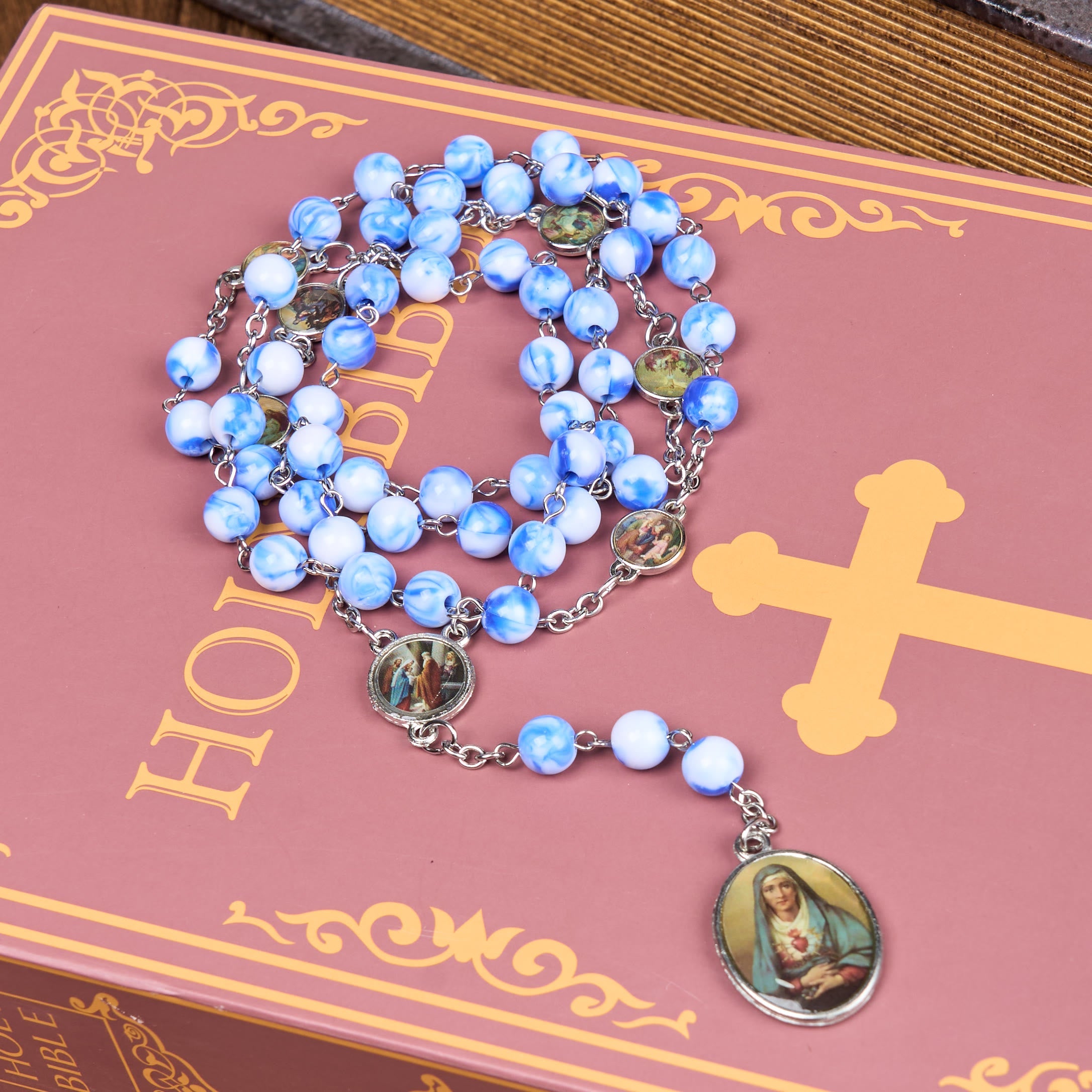 Christiandiscipleshop Seven Sorrow of 8 mm Round Blue/Green Acrylic Alloy Chain Rosary