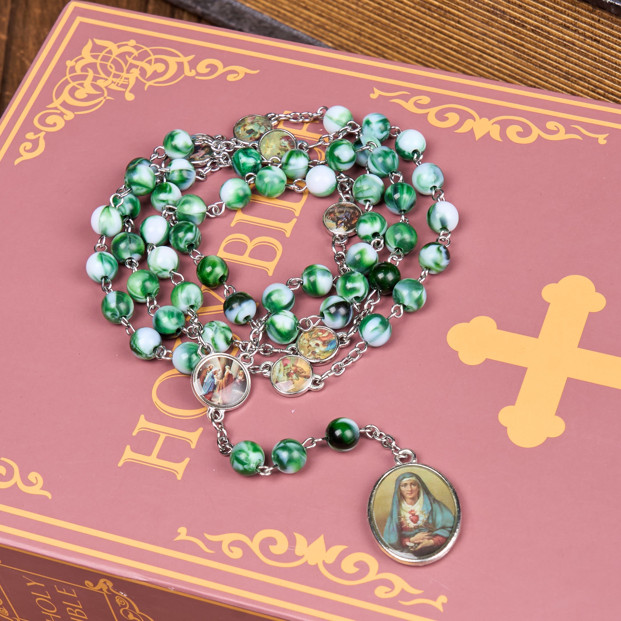 Christiandiscipleshop Seven Sorrow of 8 mm Round Blue/Green Acrylic Alloy Chain Rosary