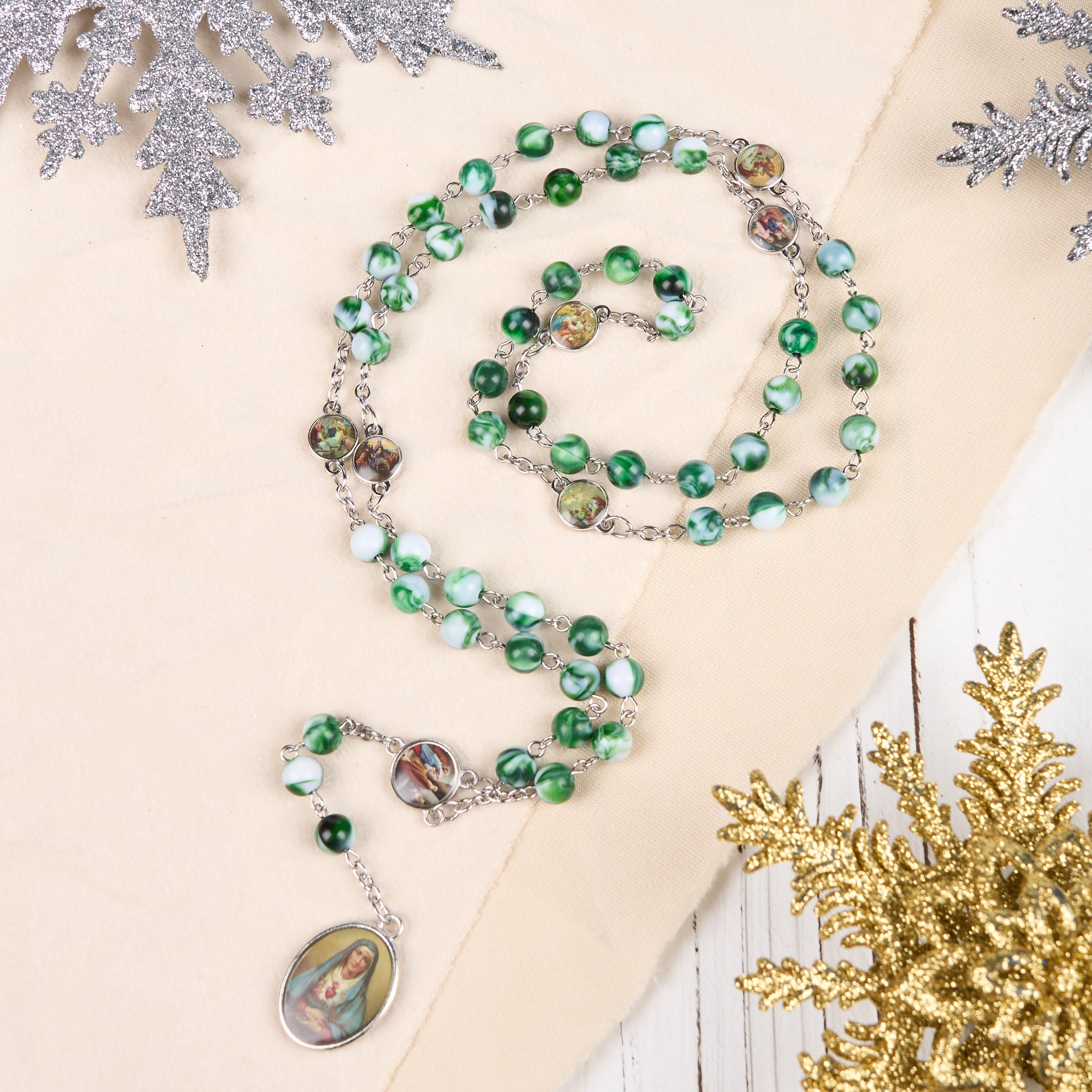 Christiandiscipleshop Seven Sorrow of 8 mm Round Blue/Green Acrylic Alloy Chain Rosary