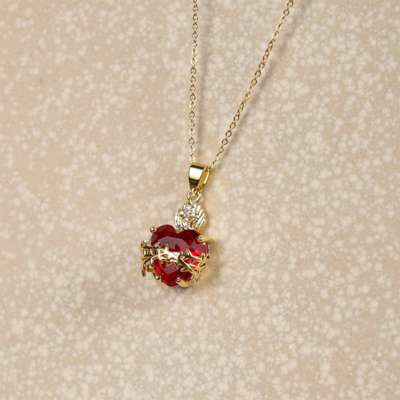 christiandiscipleshop Modern Style Crafted Red Gemstones Sacred Heart of Jesus Pendant Necklace