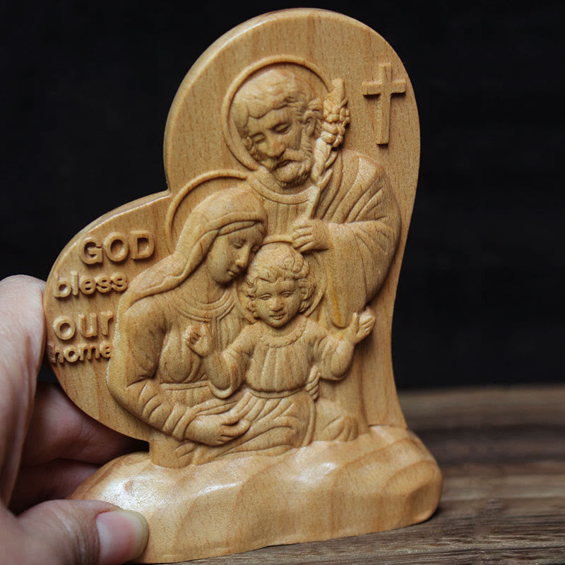 Christiandiscipleshop Classic Style Wooden Blessing Holy Family Statue Desktop Decorations Ornament