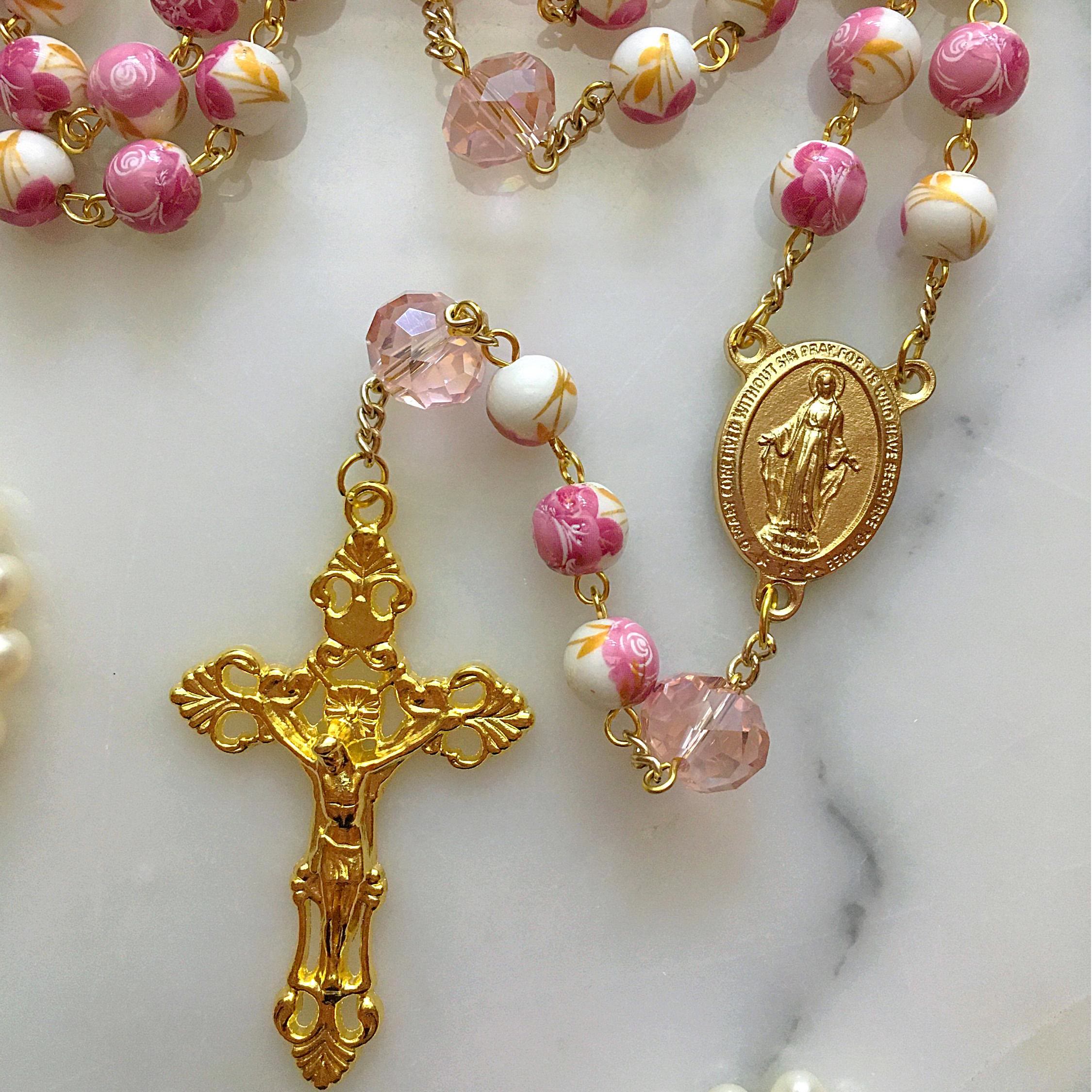 christiandiscipleshop Miraculous Medal & Crucifix of 8 mm Round Floral Pink Ceramic Alloy Chain Rosary
