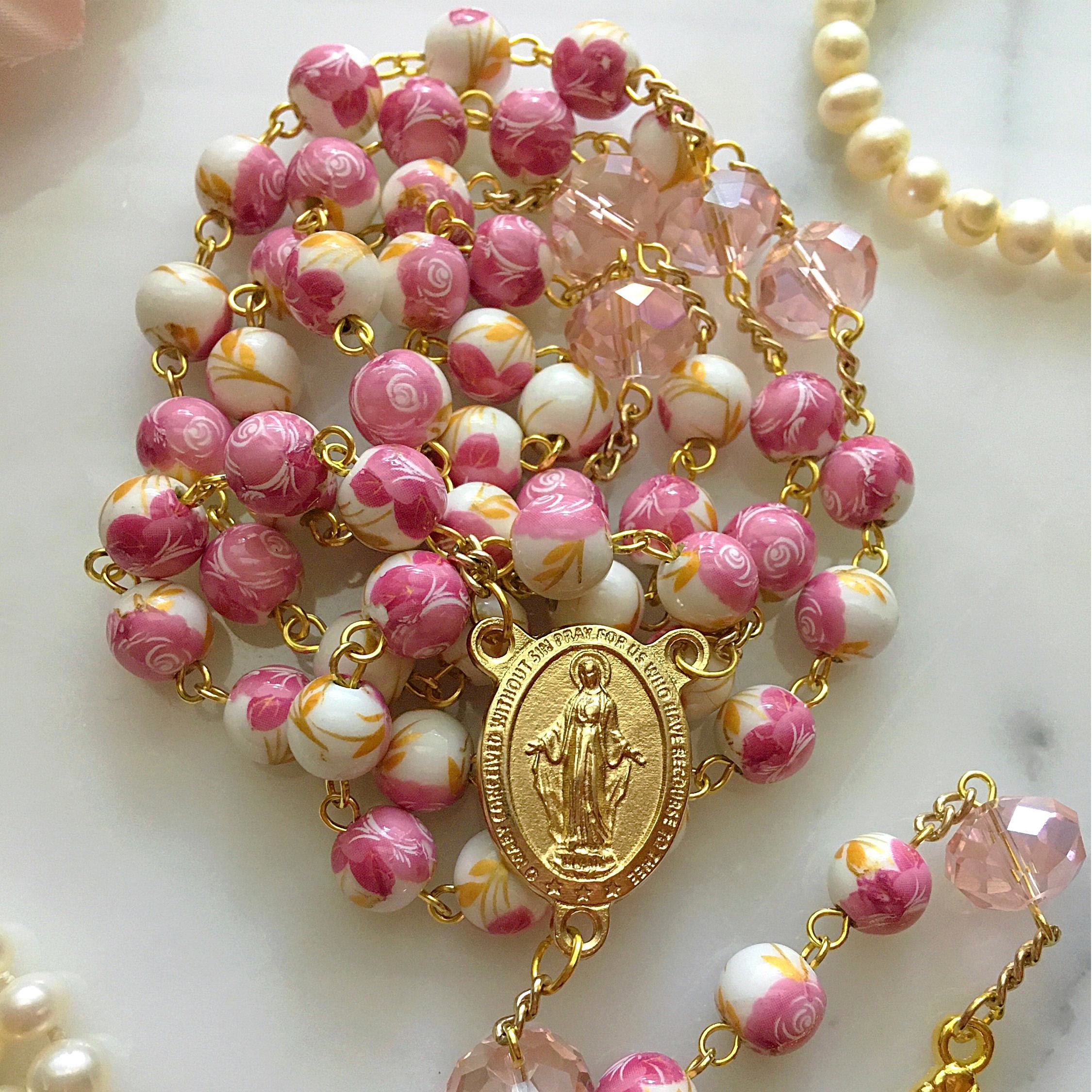 christiandiscipleshop Miraculous Medal & Crucifix of 8 mm Round Floral Pink Ceramic Alloy Chain Rosary