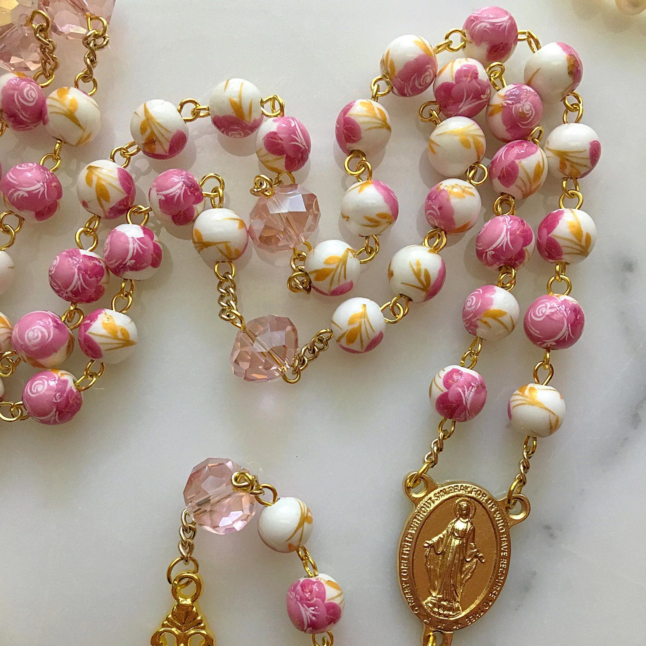 christiandiscipleshop Miraculous Medal & Crucifix of 8 mm Round Floral Pink Ceramic Alloy Chain Rosary