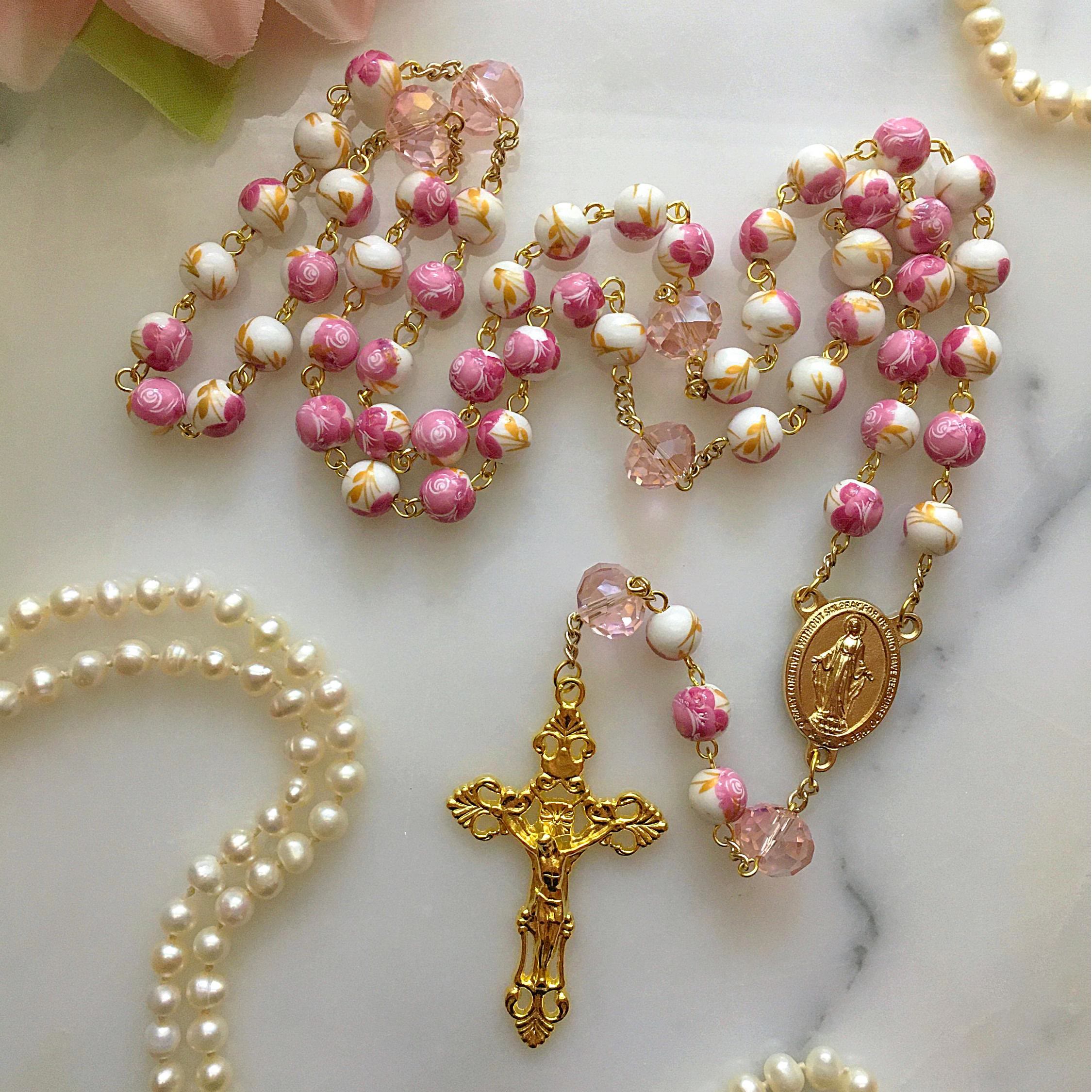 christiandiscipleshop Miraculous Medal & Crucifix of 8 mm Round Floral Pink Ceramic Alloy Chain Rosary