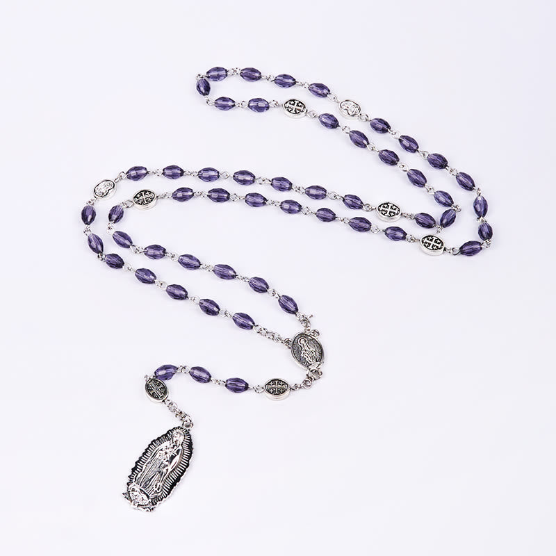 christiandiscipleshop Miraculous Medal & Our Lady of Guadalupe of 6*8mm Oval Purple Crystal Alloy Chain Rosary
