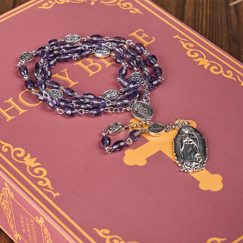 christiandiscipleshop Miraculous Medal & Our Lady of Guadalupe of 6*8mm Oval Purple Crystal Alloy Chain Rosary